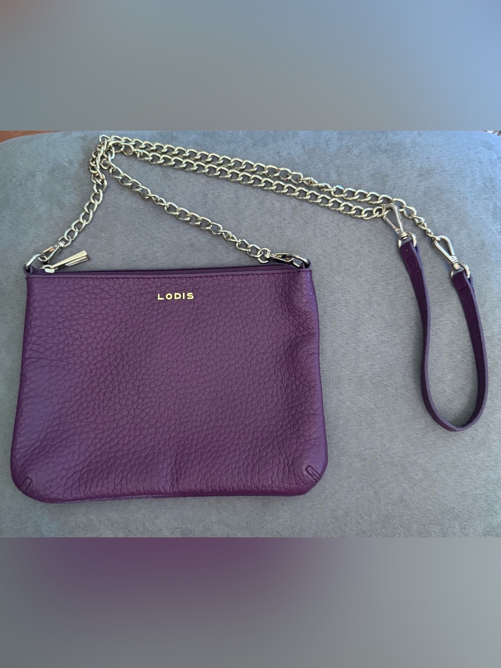 Lodis Plum Pebbled Leather Crossbody Bag with Gold Chain and Top Handle Bag